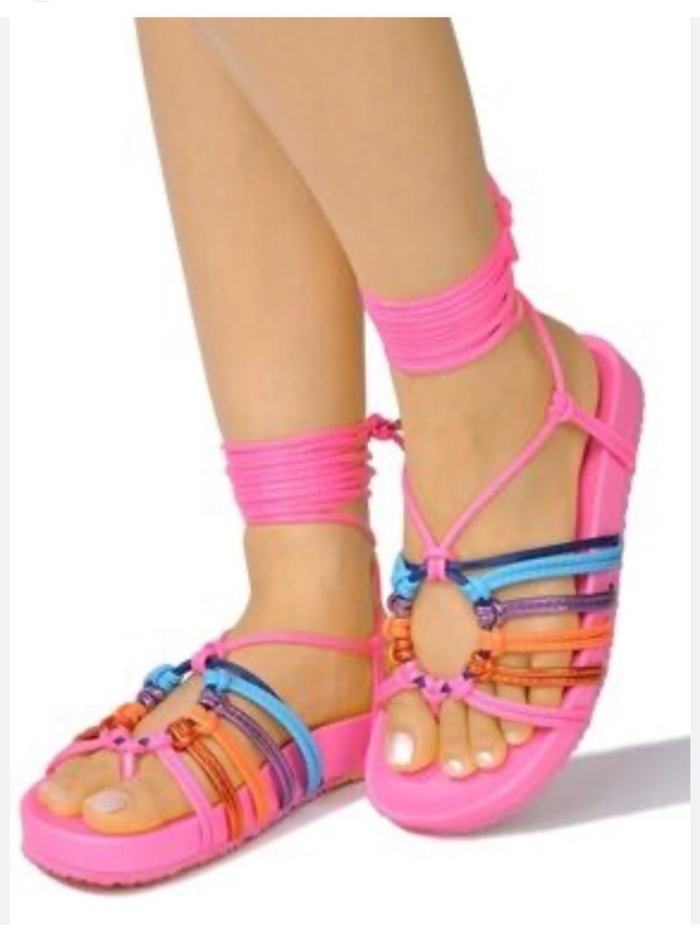 Cape Robbin Pink Sandals with Multicolored Straps with Ankle Wrap